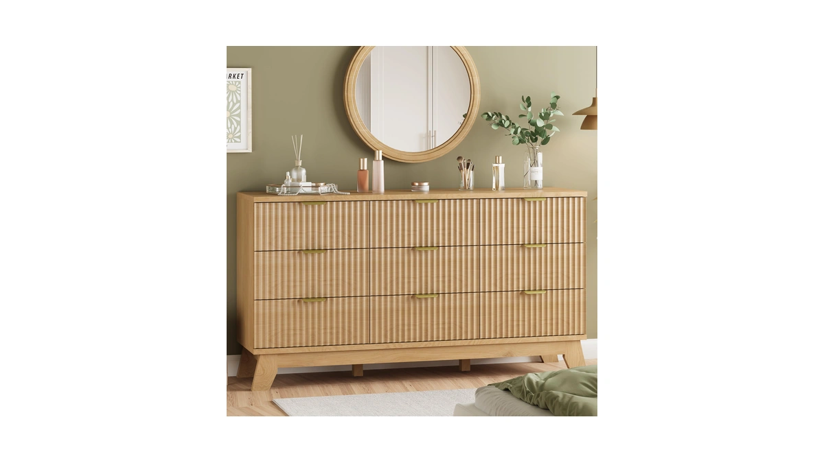 Fluted Dresser For Bedroom With 9 Drawers, 57" Wide Modern