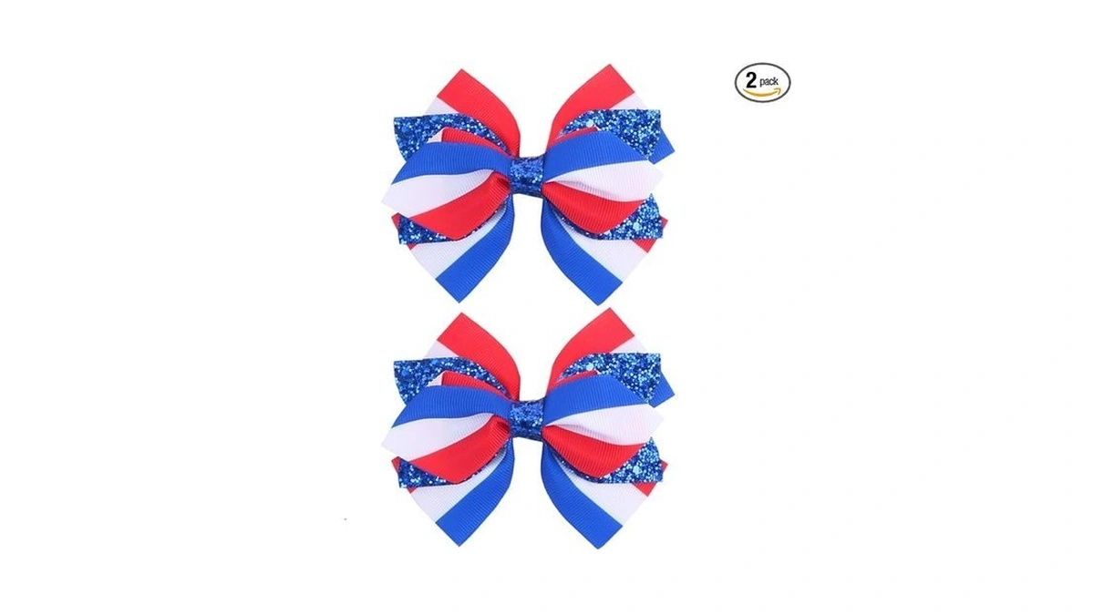 2pcs Patriotic Red White Blue Hair Bows, Ikola 3-layer Handmade
