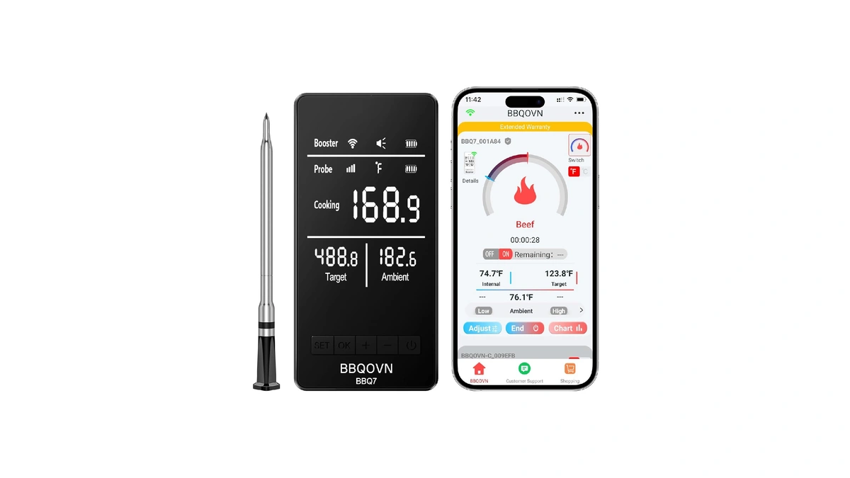 Bbqovn Smart Wifi Wireless Meat Thermometer, Sub-1g 656ft Range, 7-sensor
