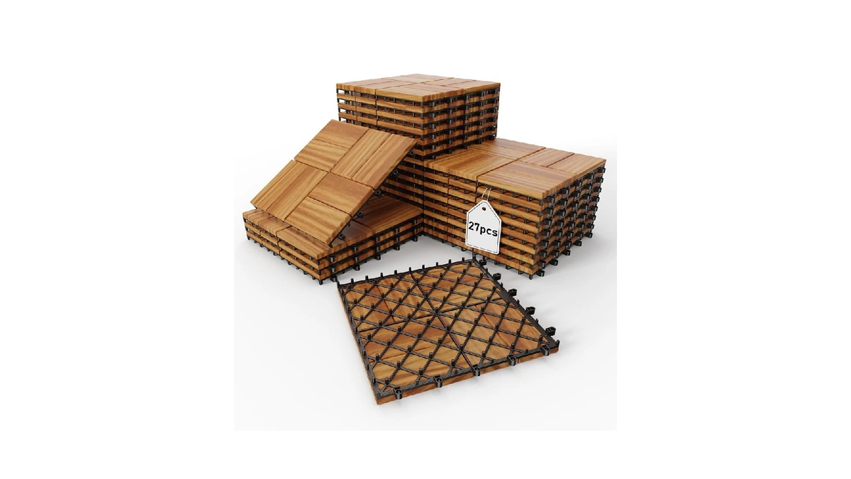 27 Pcs 12" X 12" Acacia Deck Tiles, Waterproof Interlocking