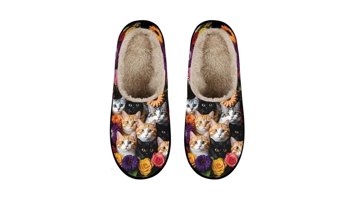 Loong Design Cat Slippers For Women, Comfy Warm Fuzzy Animal