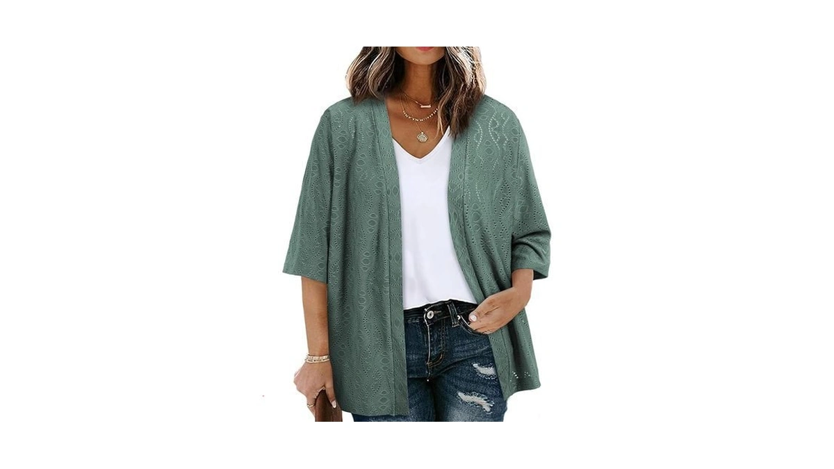 Eytino Women Plus Size Lightweight Cardigan Half Sleeve Knitted Jacquard