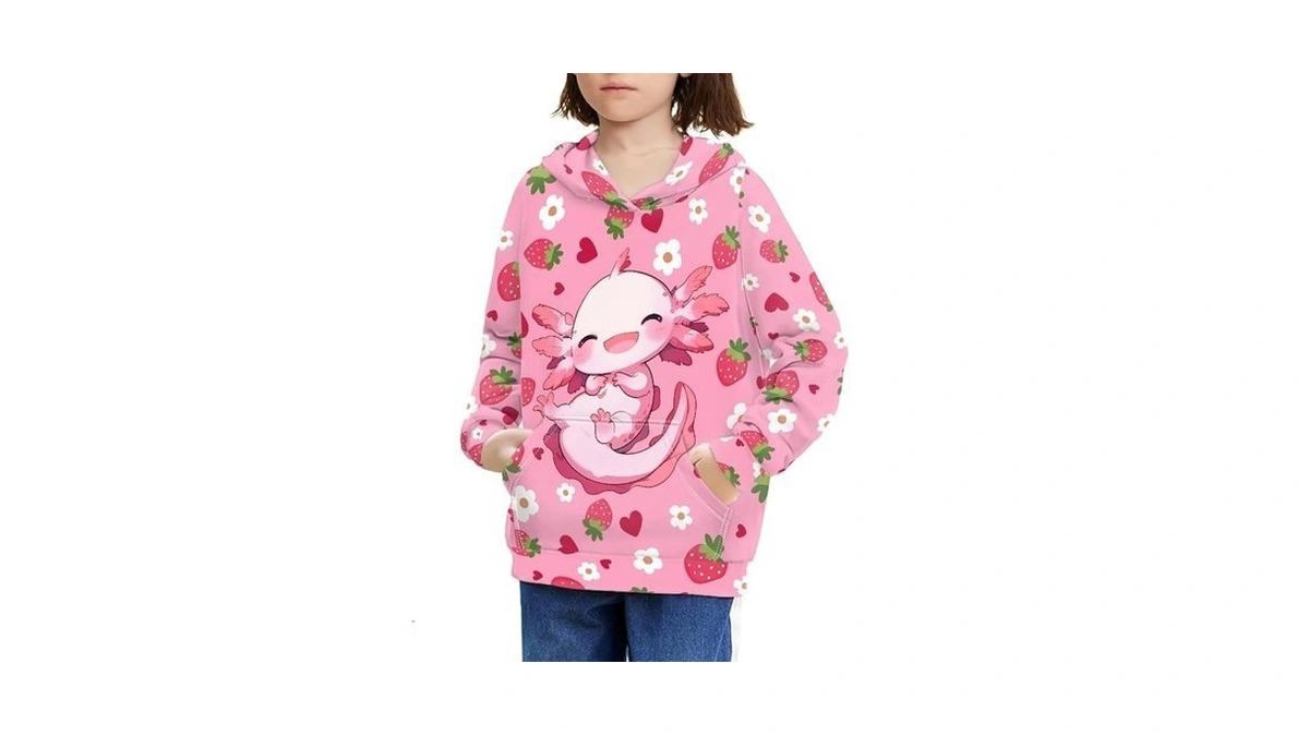 Jeocody Cute Strawberry Axolotl Girls Hoodie Casual Long Sleeve Shirt