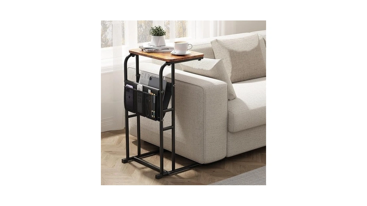 Olldide C-shaped End Table With Storage Bag, Slide Under Couch