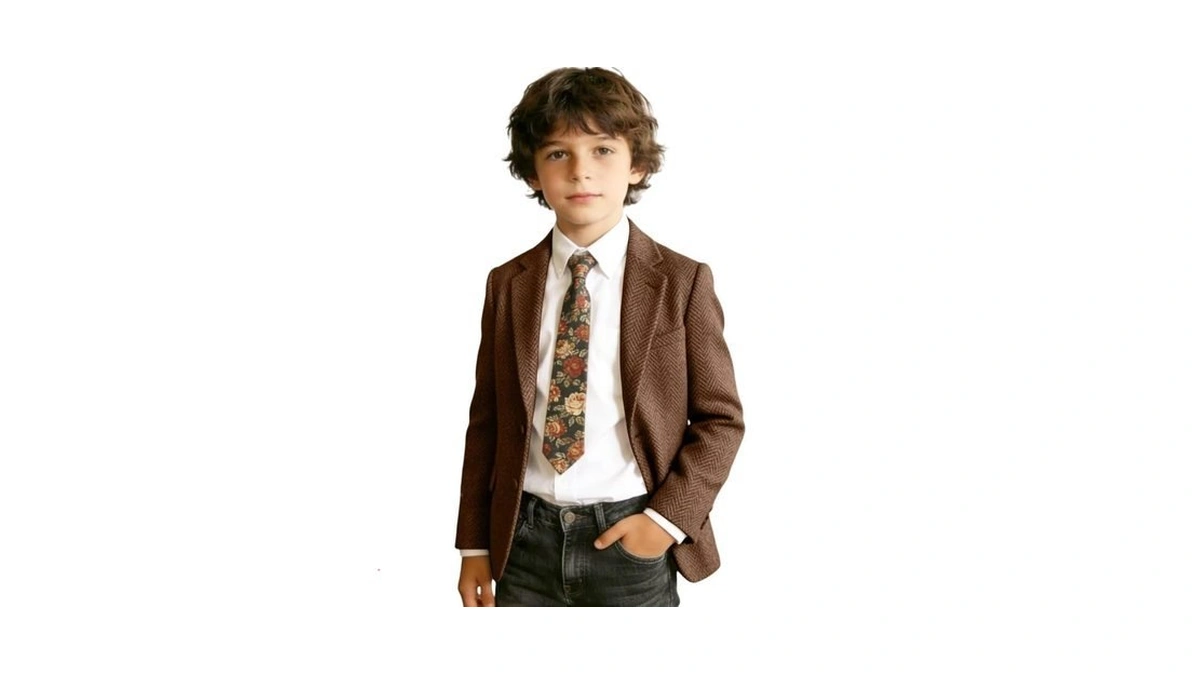 Rozu Boys Brown Tweed Blazer Jacket Classic Fit Casual Suit