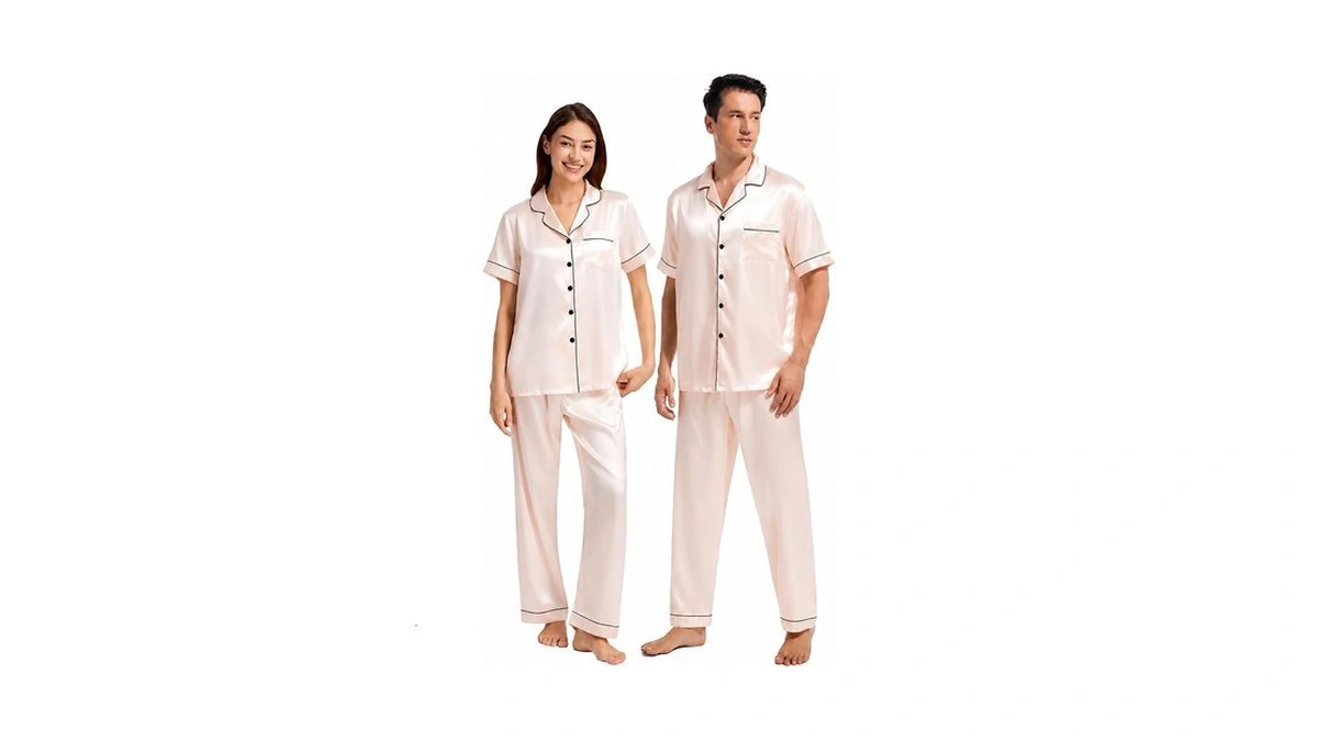 Guriyzee Couples Matching Pajamas Set Silk Satin Short Sleeve Button