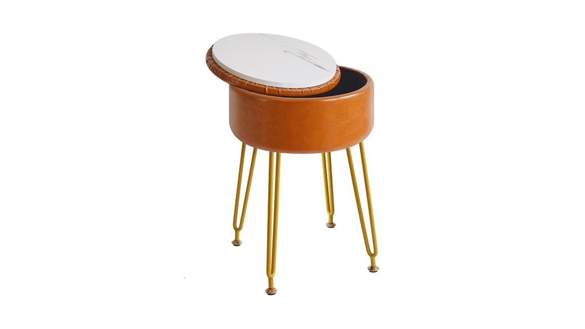 Ibuyke Faux Leather Round Footrest Stool With Storage Ottoman, Makeup