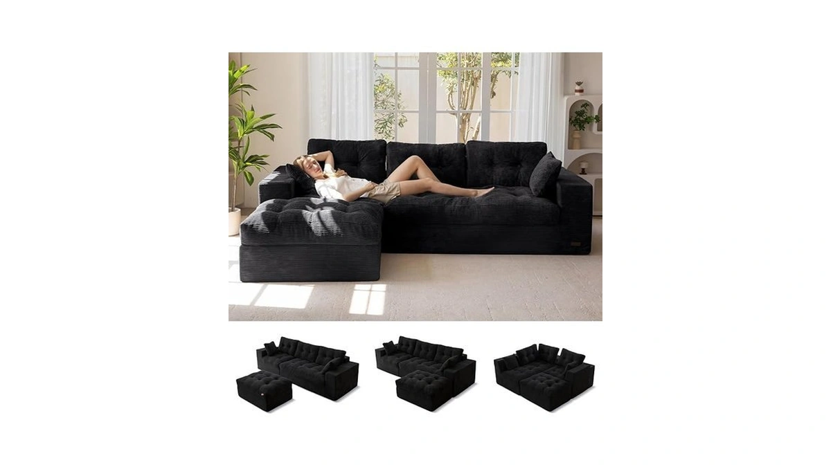 Maxyoyo 104" L Shaped Modular Sectional Sofa With Ottoman, Cloud