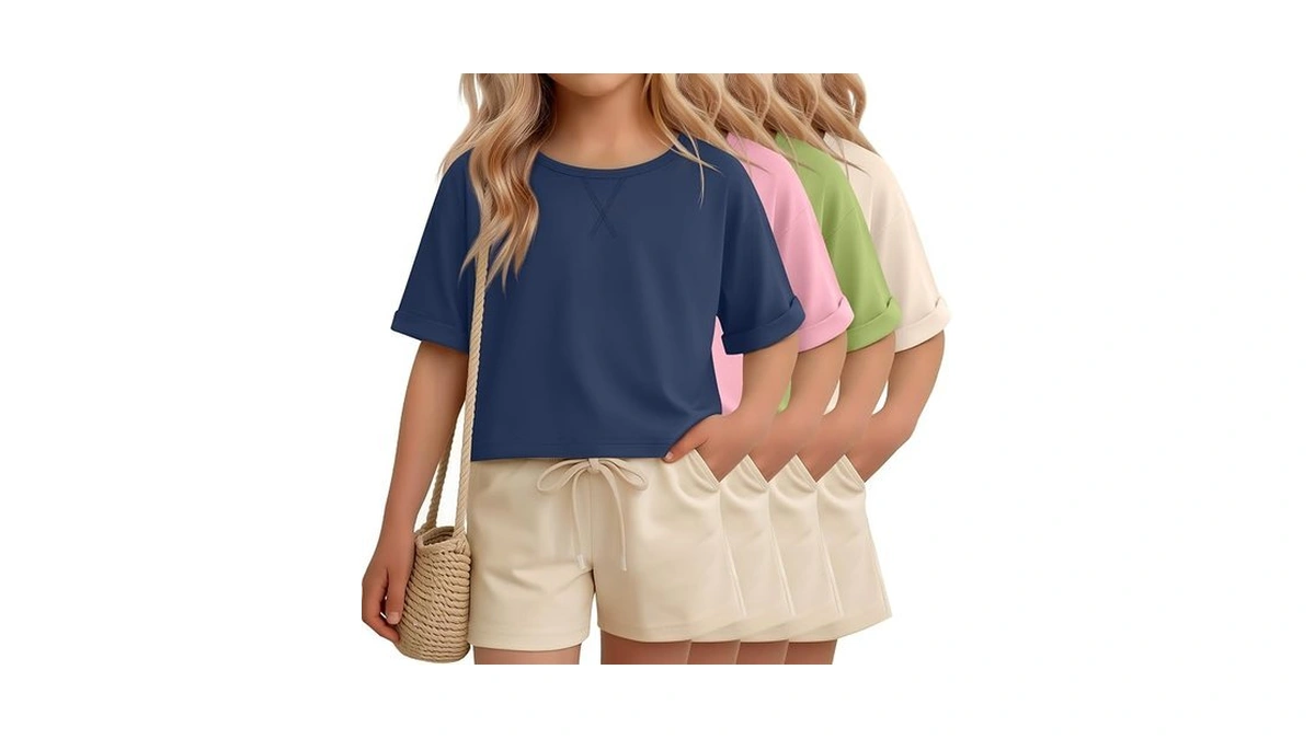 Oakgarden 4 Pack Girls Crop Shirts Summer Short Sleeve Tops