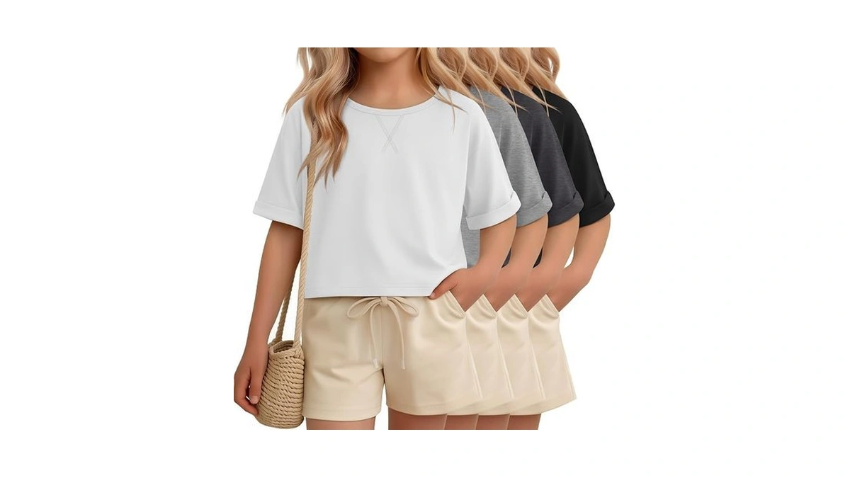 Oakgarden 4 Pack Girls Crop Shirts Summer Short Sleeve Tops