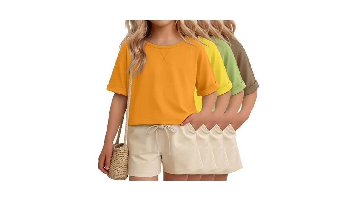 Oakgarden 4 Pack Girls Crop Shirts Summer Short Sleeve Tops