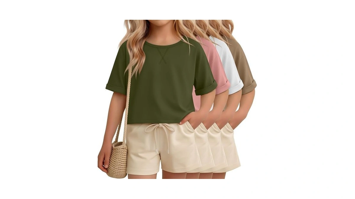 Oakgarden 4 Pack Girls Crop Shirts Summer Short Sleeve Tops
