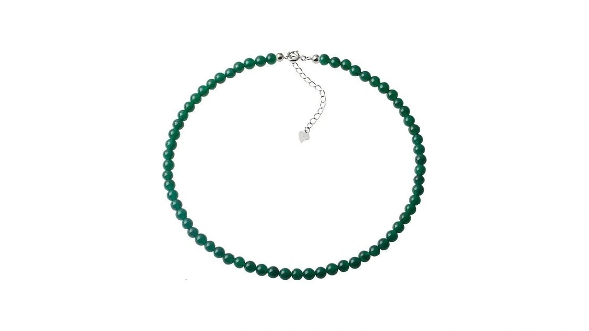 Kakikaki Natural Green Agate Choker Necklace Sterling Silver 6mm Round