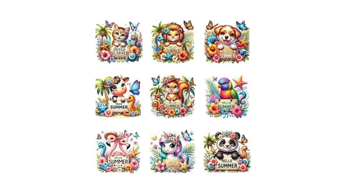 9pcs Summer Beach Animals Iron On Decals For T-shirt Diy