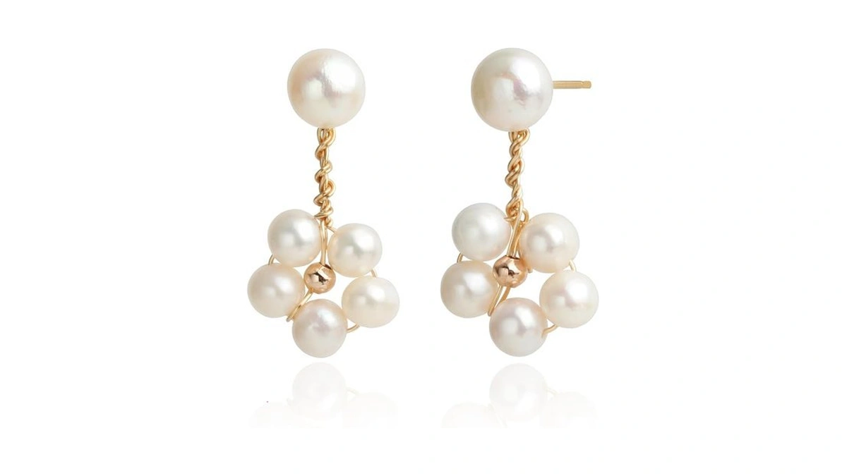 Handmade Wire Craft Freshwater Cultured Pearls Flower Dangle Drop Earrings