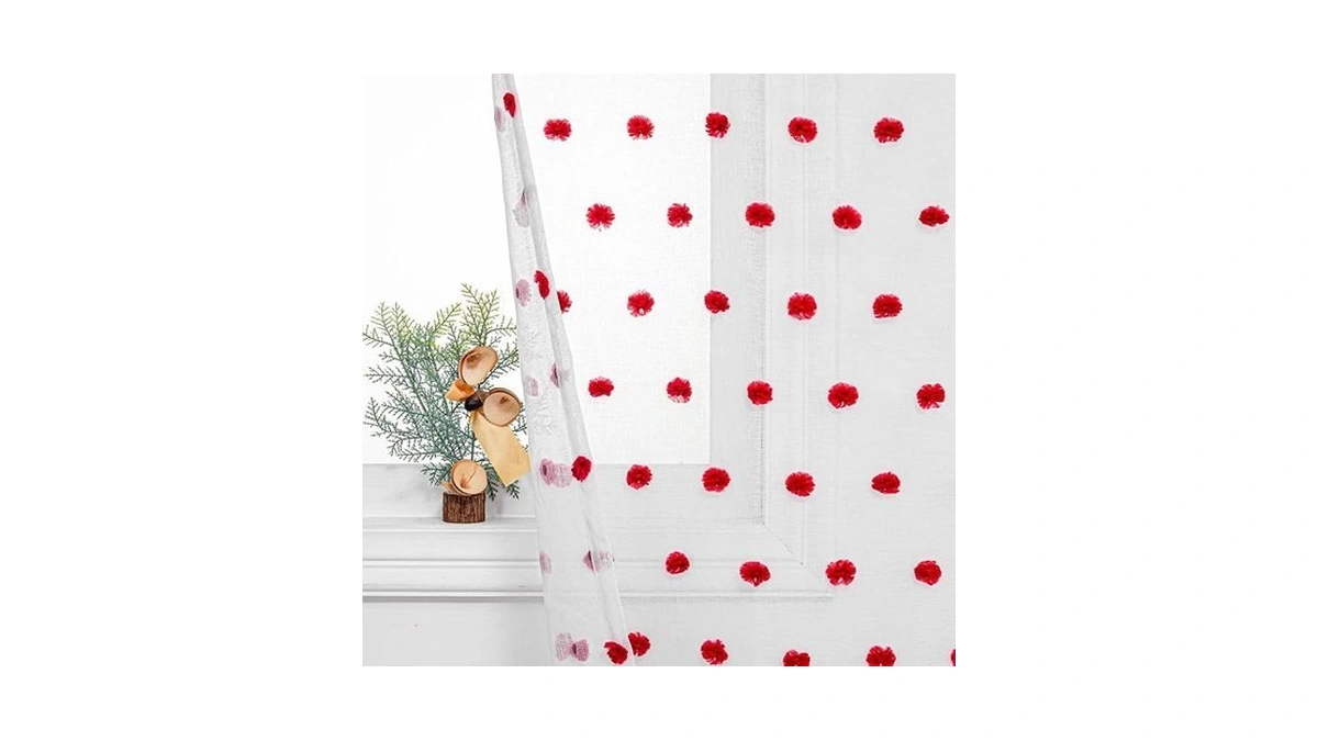 Mysky Home Red Pom Pom Curtains For Kitchen 45 Inch