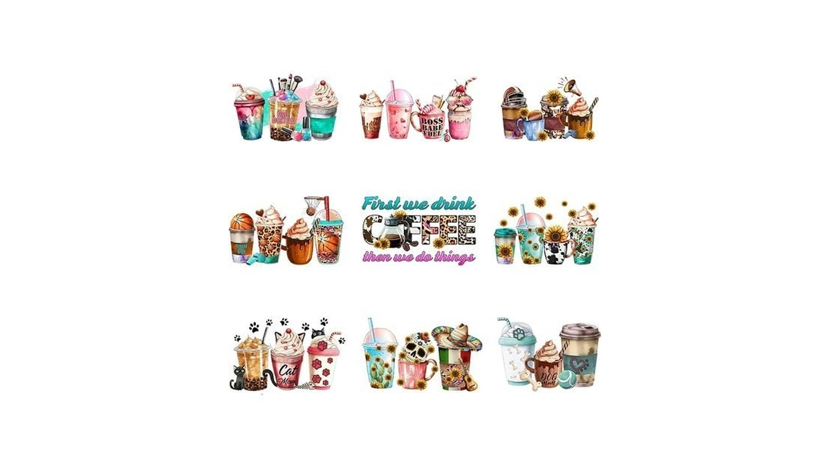 9pcs Coffee Cup Iron On Decals Heat Transfer For T-shirts