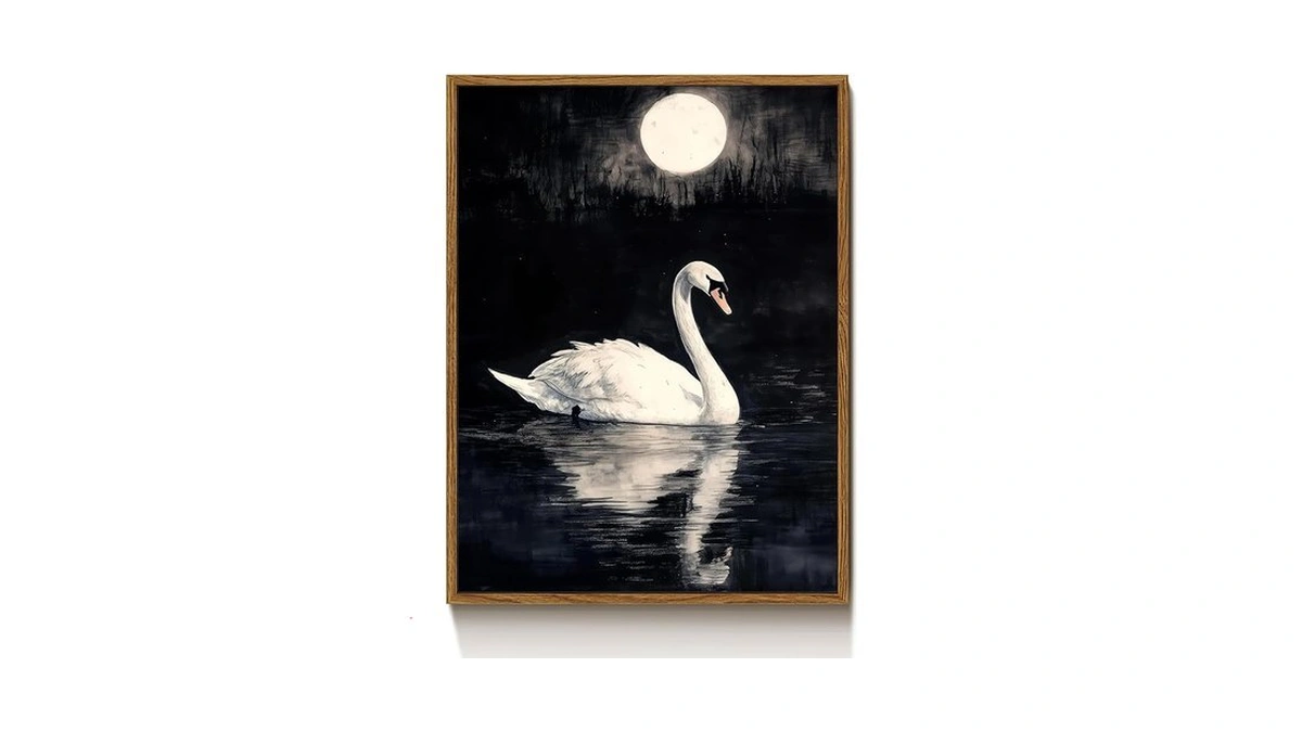 Vintage White Swan On Black Background Canvas Wall Art Frame