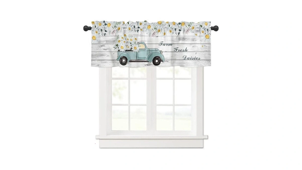 Summer Daisy Flower Curtains Valance For Kitchen Windows, Farm Truck