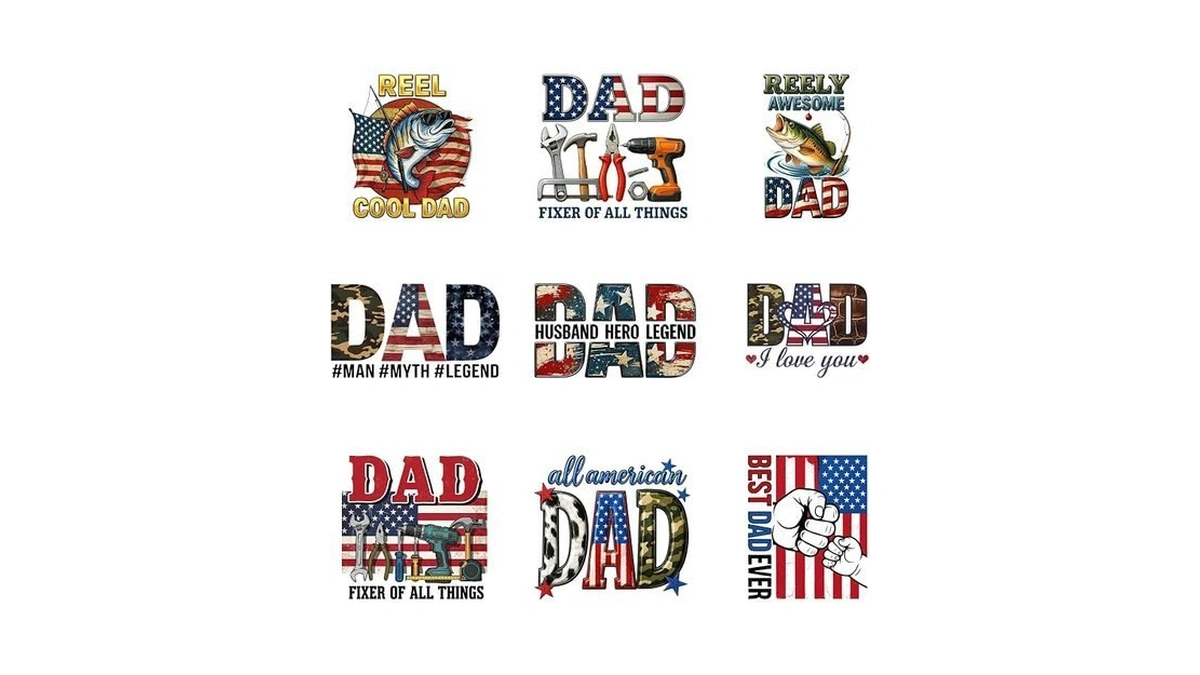 9pcs Cool Dad Fish Iron On Decals For Clothing Diy