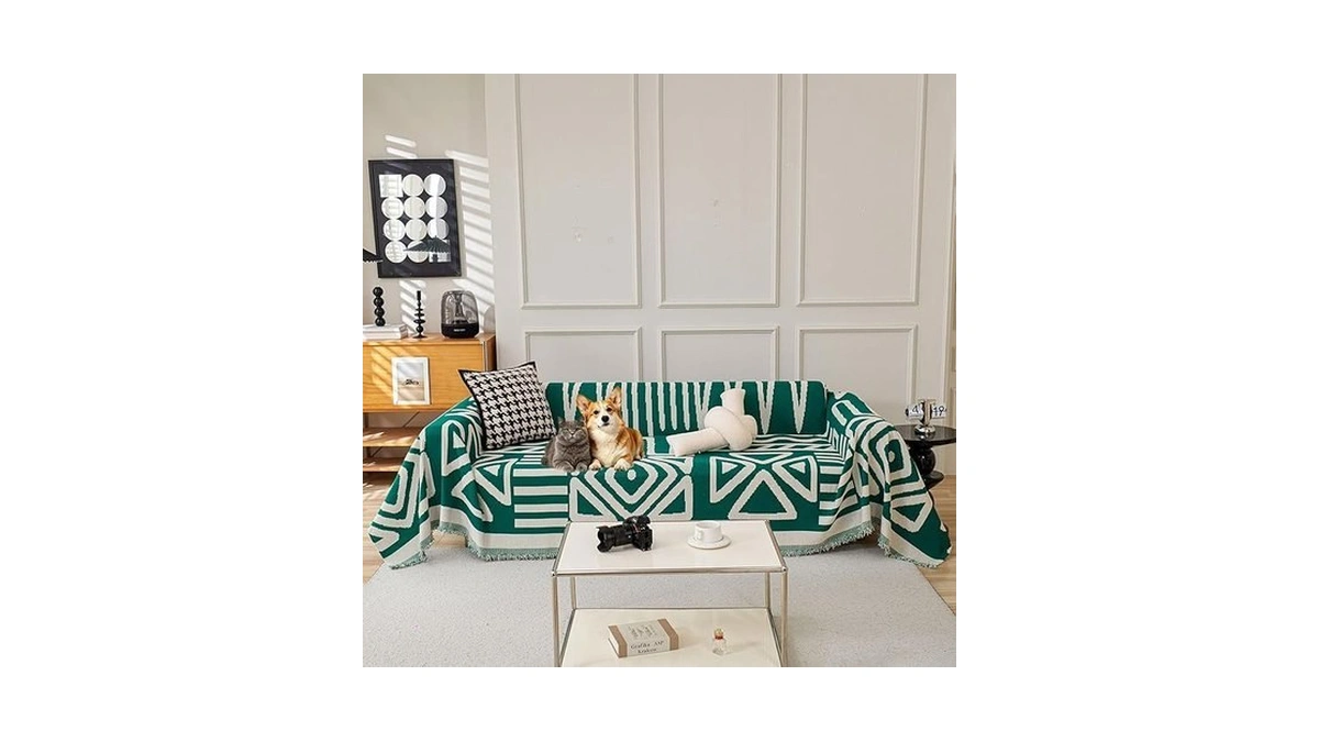 Vclife Couch Cover, Boho Tribal Geometric Sofa Cover, Green-white, 71x102