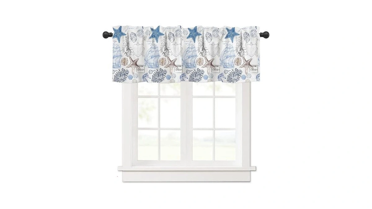 Coastal Valance Curtains For Bedroom Living Room Nautical Starfish Blue