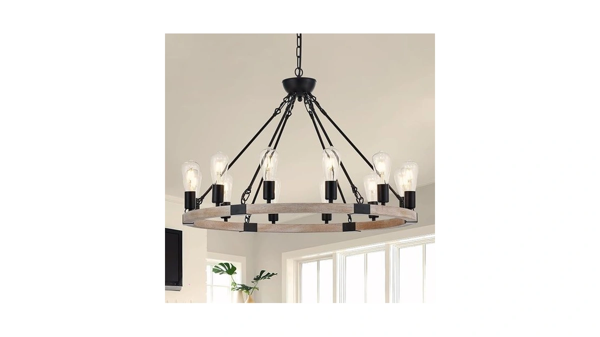 Brfaixla 12-light Wooden Wagon Wheel Chandelier Farmhouse, 31.5'' Black&cream Colored