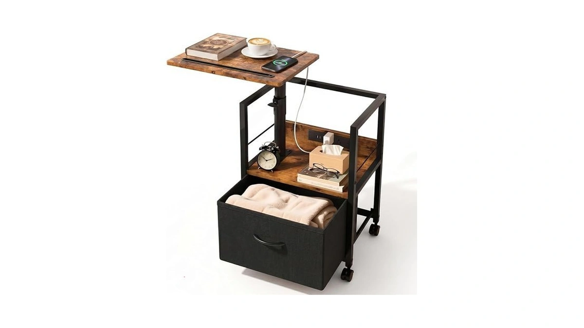 Faesun Swivel Lift Top Nightstand With Charging Station, Rolling Side