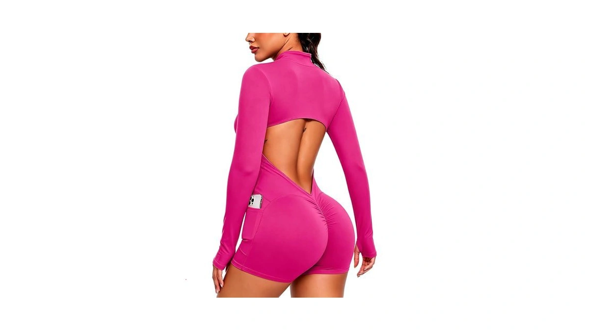 Seasum Women's Zip Up Workout Bodysuit Long Sleeve Backless Athletic