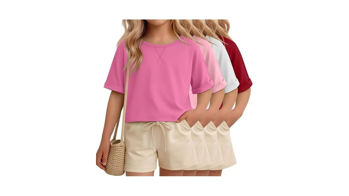 Oakgarden 4 Pack Girls Crop Shirts Summer Short Sleeve Tops