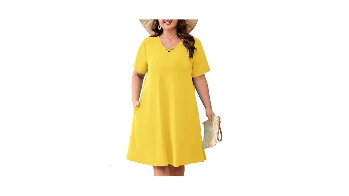 Auslook Plus Size Midi Dress For Women Yellow 3x Short