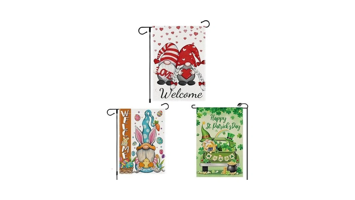 3-pack Seasonal Gnome Garden Flags 12x18 Inch - Easter/valentine's/st. Patrick's