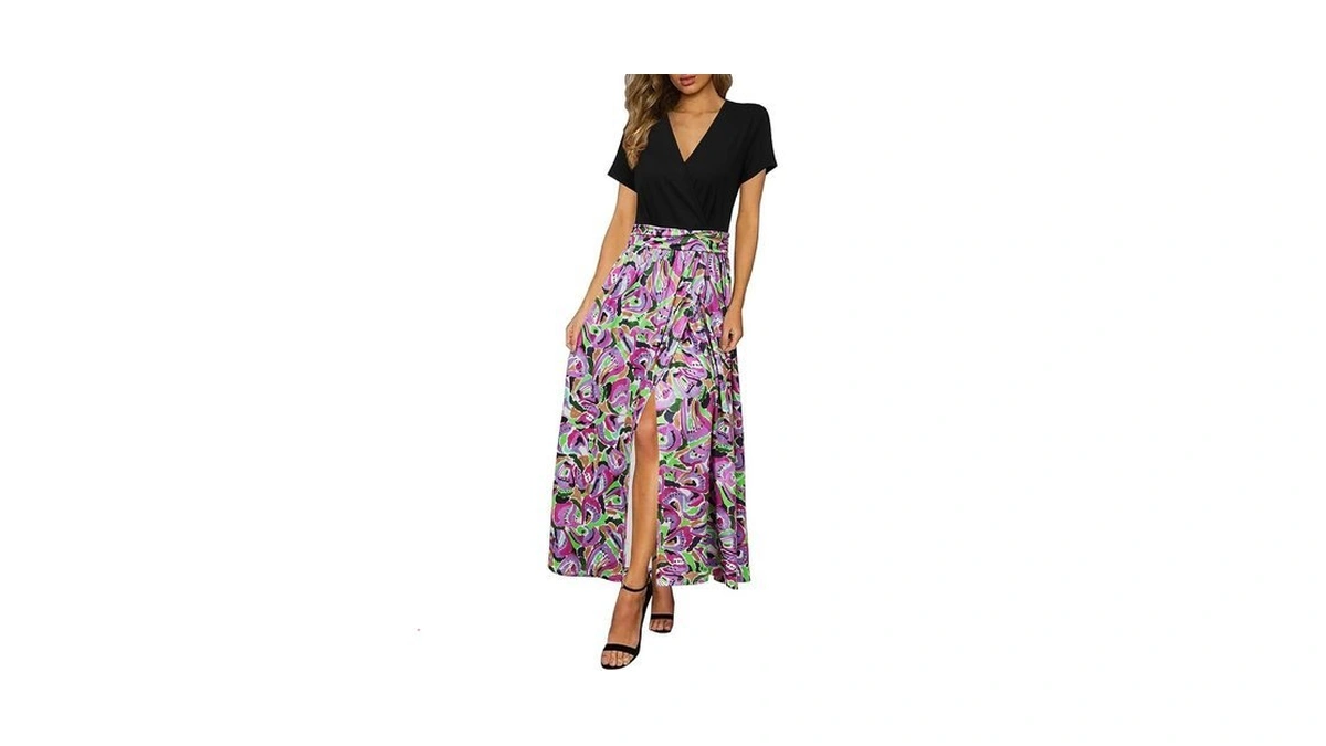 Newshows Casual Summer V Neck Split Wedding Guest Party Dress(floral