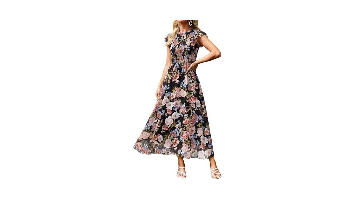 Berrygo Womens Floral Maxi Dress Ruffle Cap Sleeve Chiffon Smocked