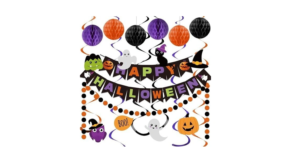 Meowtastic Happy Halloween Banner Decorations - Halloween Banner With Honeycomb