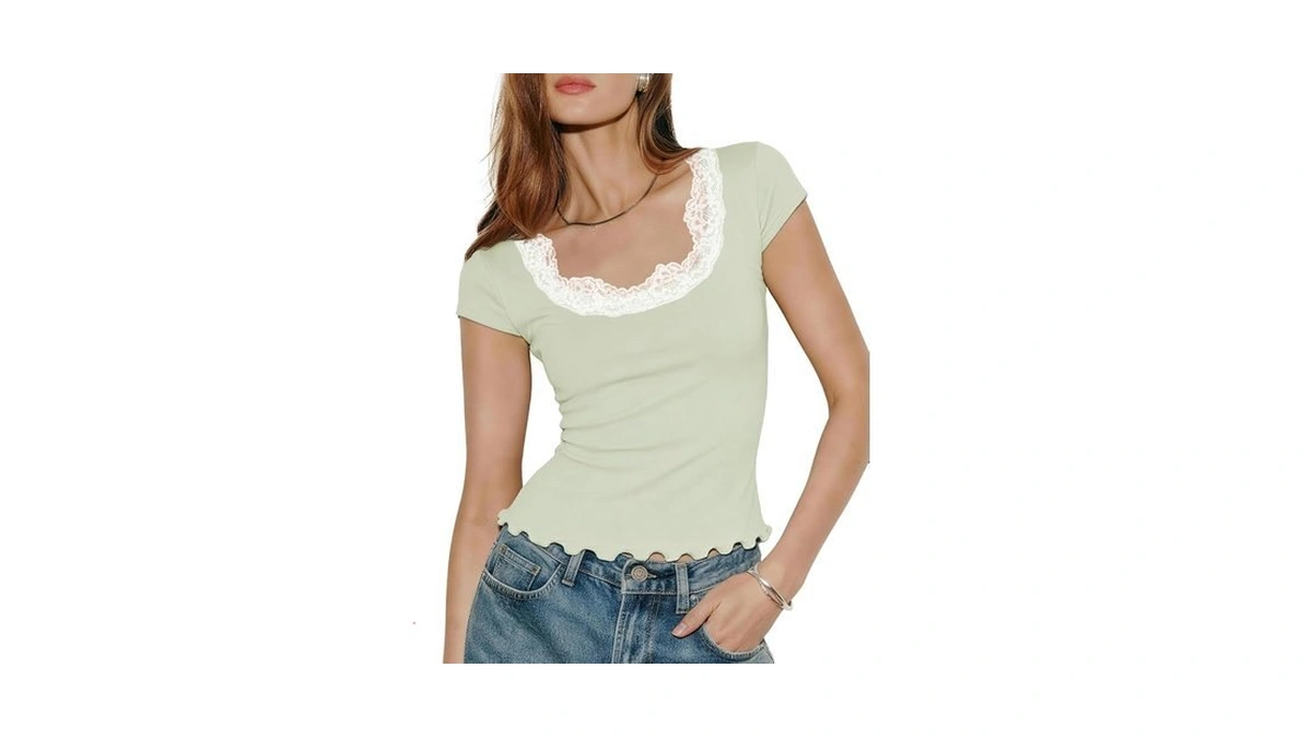 Outfeel Women's Lace Trim Scoop Neck Cap Sleeve Cropped Tee,