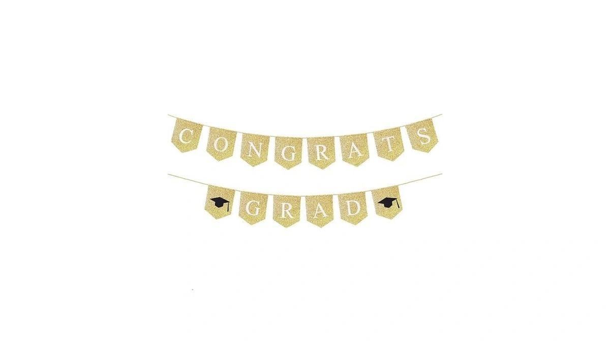 Glitter Congrats Grad Banner, Prestrung Gold Graduation Banner Sign For