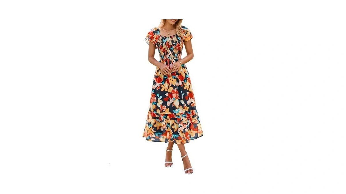 Simplee Womens Summer Floral Flowy Maxi Dress Flutter Sleeve Smocked
