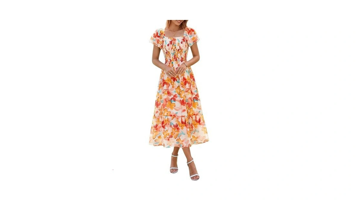 Simplee Womens Summer Floral Maxi Dress Flowy Flutter Sleeve Smocked