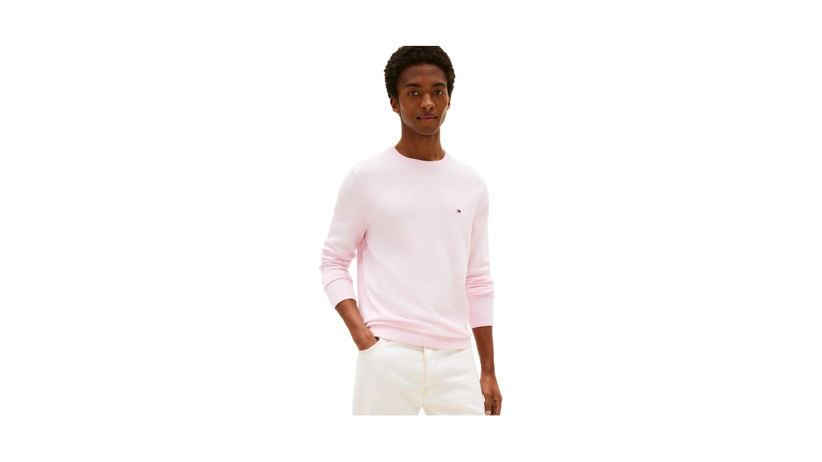 Tommy Hilfiger Men's Cotton Solid Crew Neck Sweater, Pink Lily