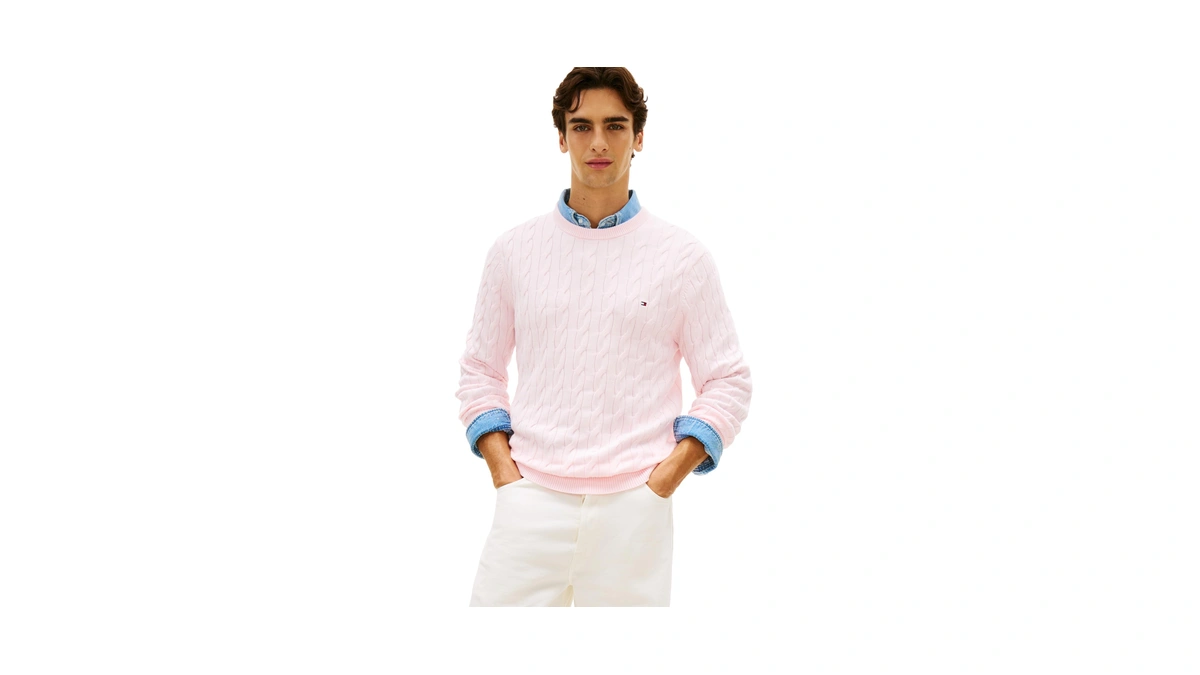 Tommy Hilfiger Men's Cotton Cable Crew Neck Sweater, Pink Lily