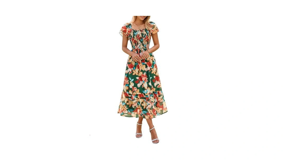 Simplee Womens Summer Floral Flowy Maxi Dress Flutter Sleeve Smocked