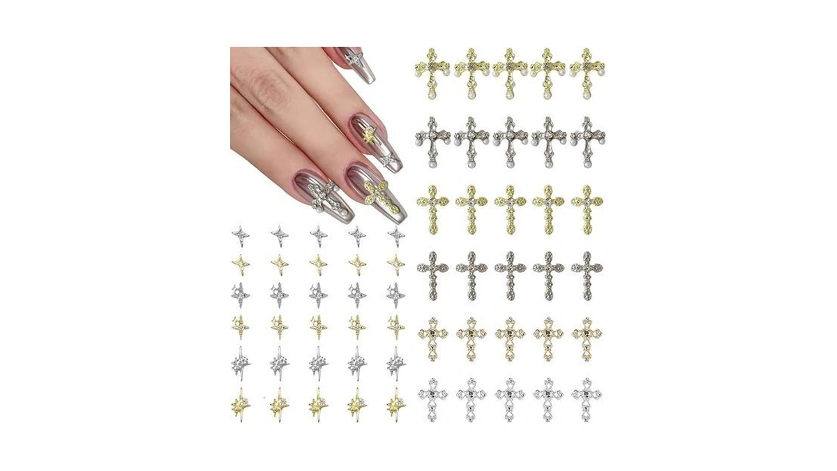 Kurilai 60pcs Cross Nail Charms - 3d Star Nail Decorations,
