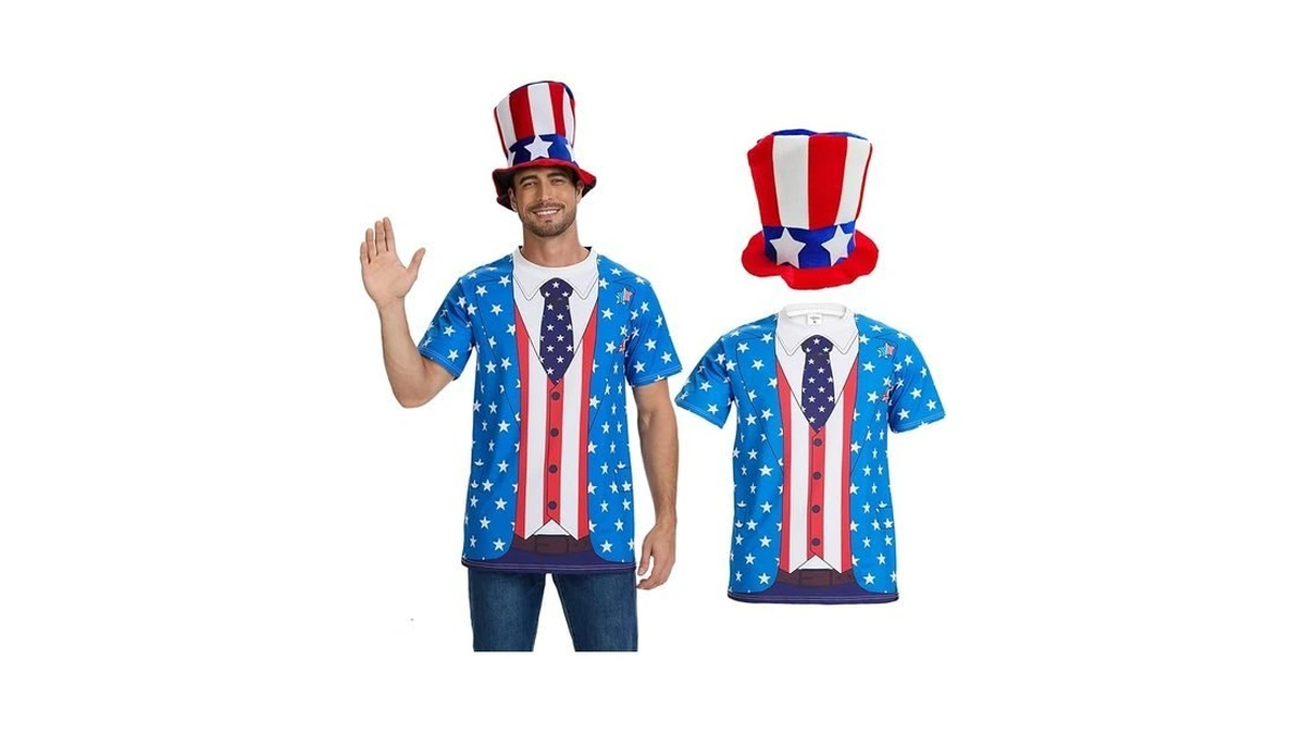 Vegove American Flag Costume T-shirt & Uncle Sam Top Hat,