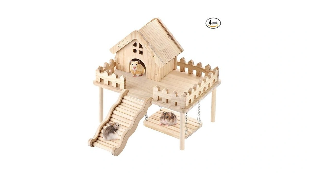 Hamster Wooden House With Platform,ramp & Swing - Natural Wood
