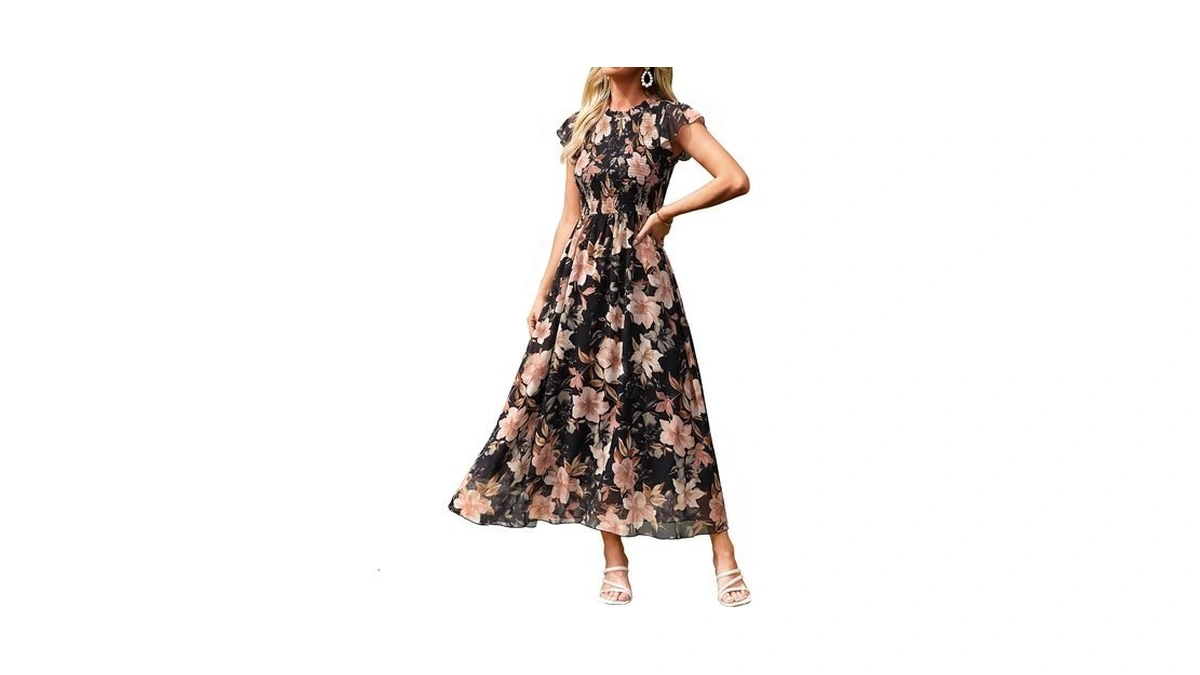 Berrygo Womens Boho Floral Maxi Dress Ruffle Sleeve Chiffon Flowy