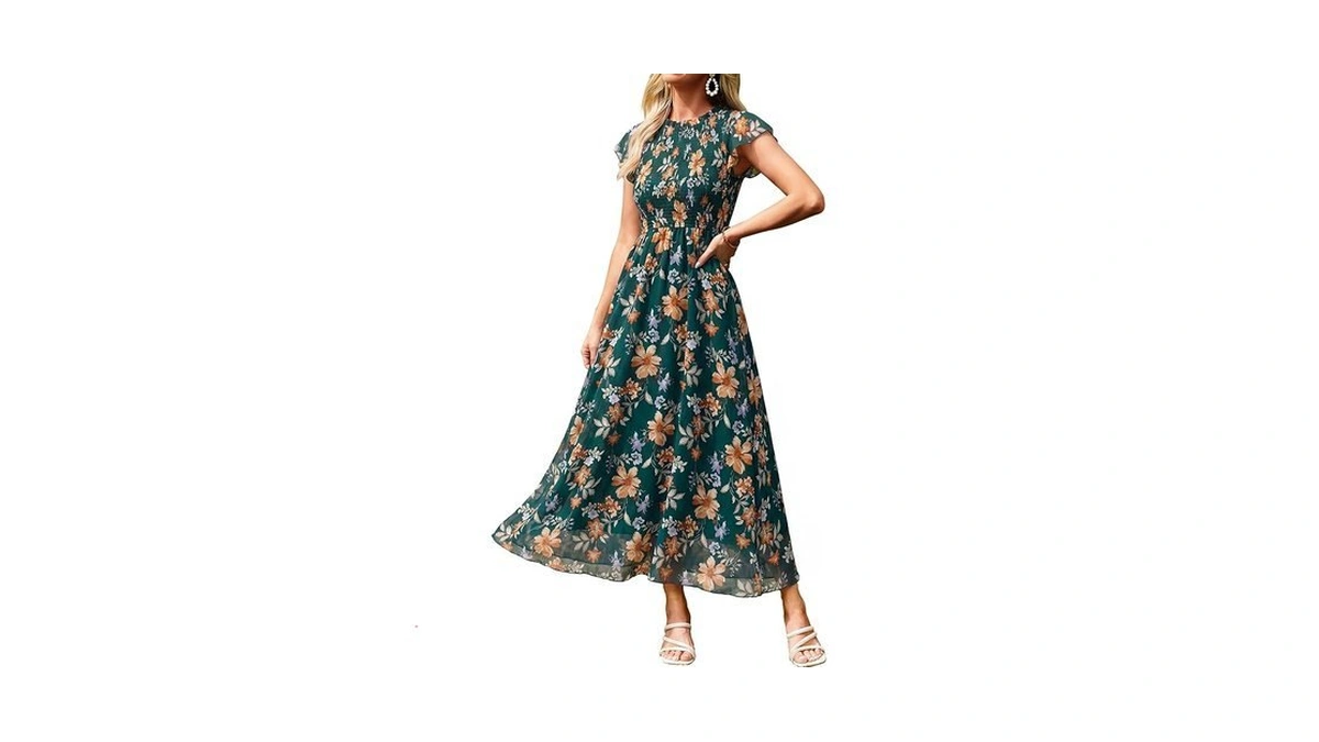 Berrygo Womens Floral Maxi Dress Ruffle Cap Sleeve Chiffon Smocked