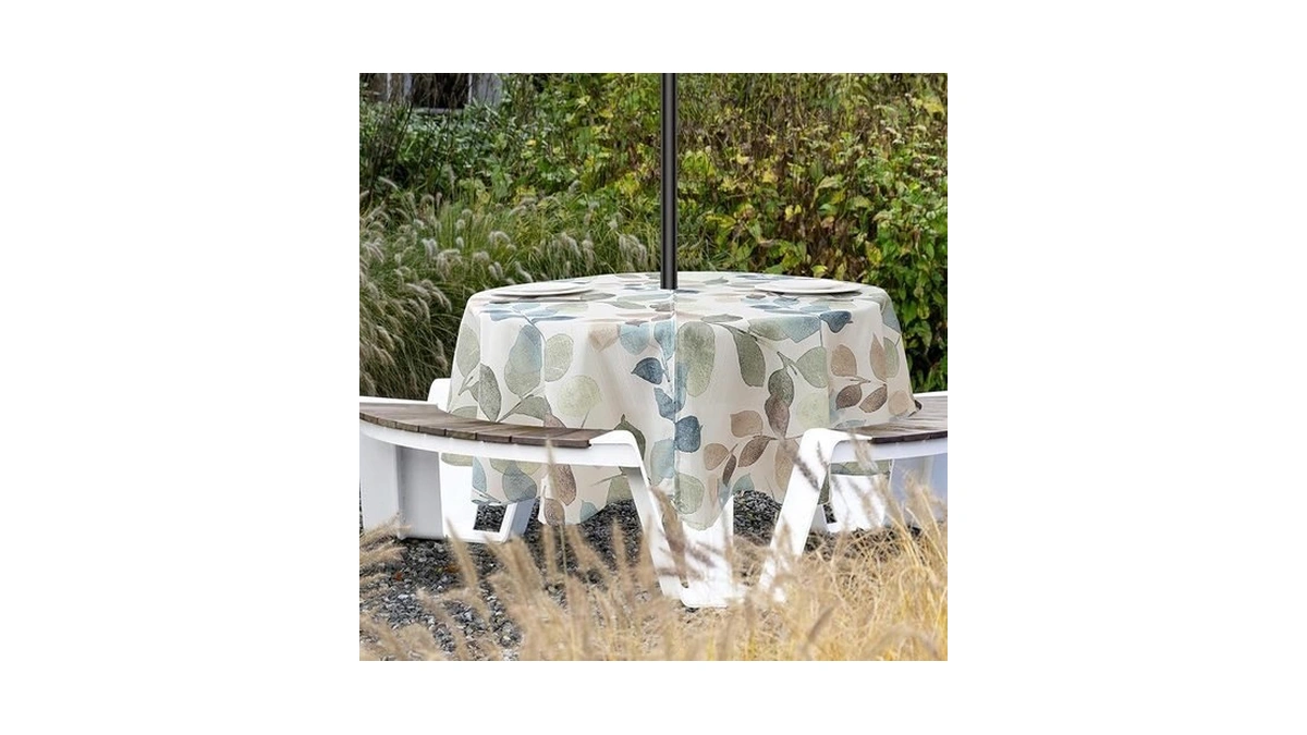 Colorful Leaf Round Outdoor Tablecloth With Umbrella Hole, Table Cloth