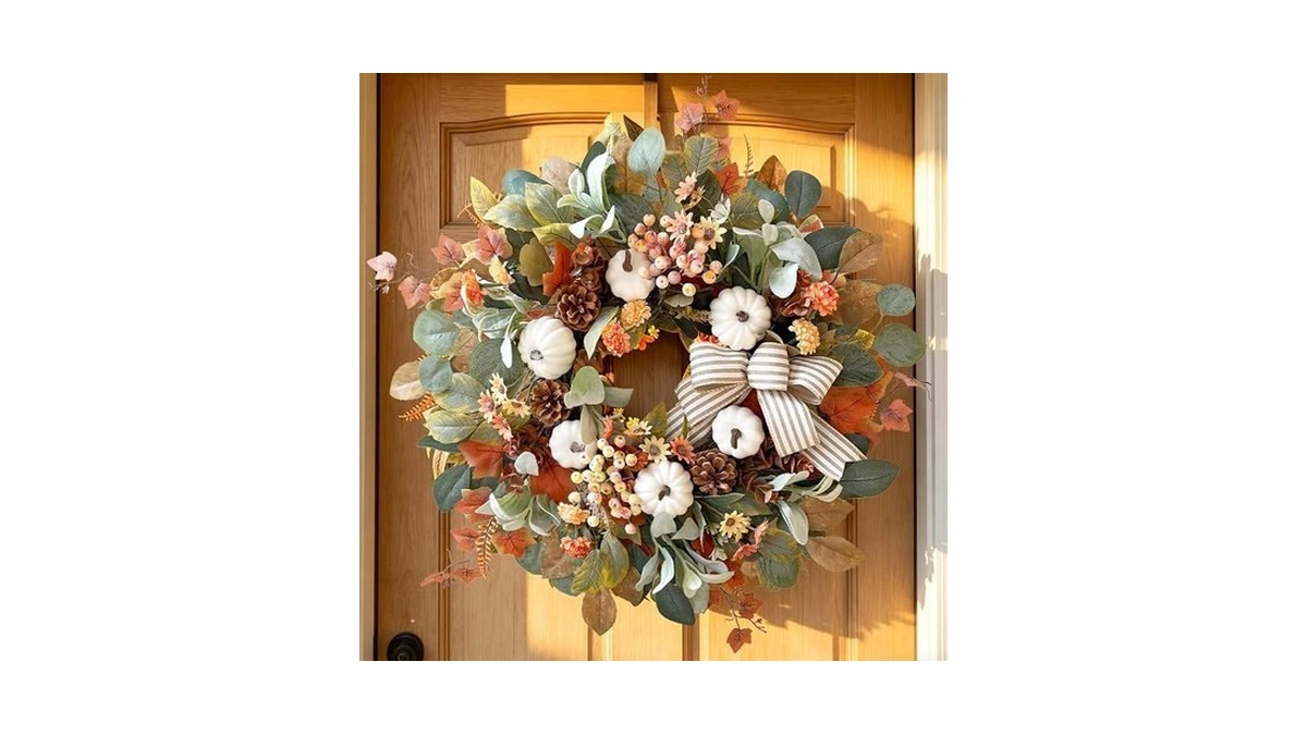 Wanna-cul 24 Inch Farmhouse Fall Wreath For Front Door With