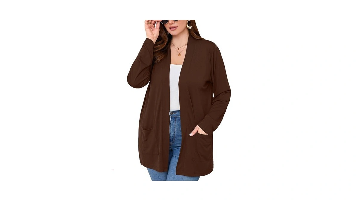 Auslook Women's Plus Size Lightweight Open Front Cardigan Dark Coffee